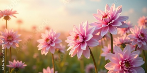 Dahlia blooms in a field of tall grass with pink and white hues, white, grass