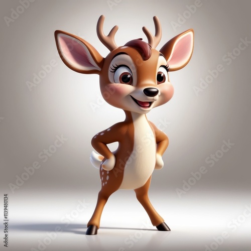 Happy animated baby deer standing confidently with smooth fur, big eyes, and cheerful pose. cartoon style.