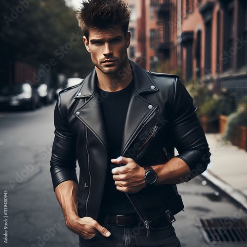 260 Broad Shouldered Man with a Leather Jacket Wearing a black l photo