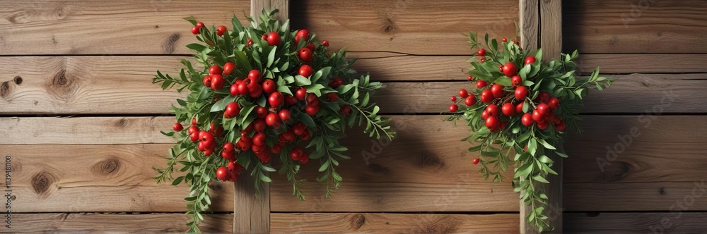 Obraz premium Bundle of mistletoe with red berries tied to a wooden post, rustic accents, seasonal colors , festive holiday accessory