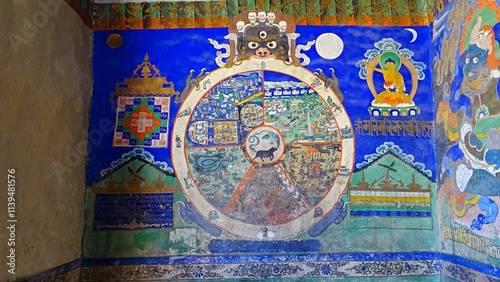 Thanka wall paintings in Sankar Monastery or Gompa Leh, Ladakh, India. Sankar gompa has 108 volumes of Buddha teachings and three images of the present, Buddha, future Buddha, Past Buddha. photo