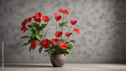 Wallpaper Mural Anthurium plant in flowerpot with large heart-shaped red flowers , araceae, tropical plant Torontodigital.ca