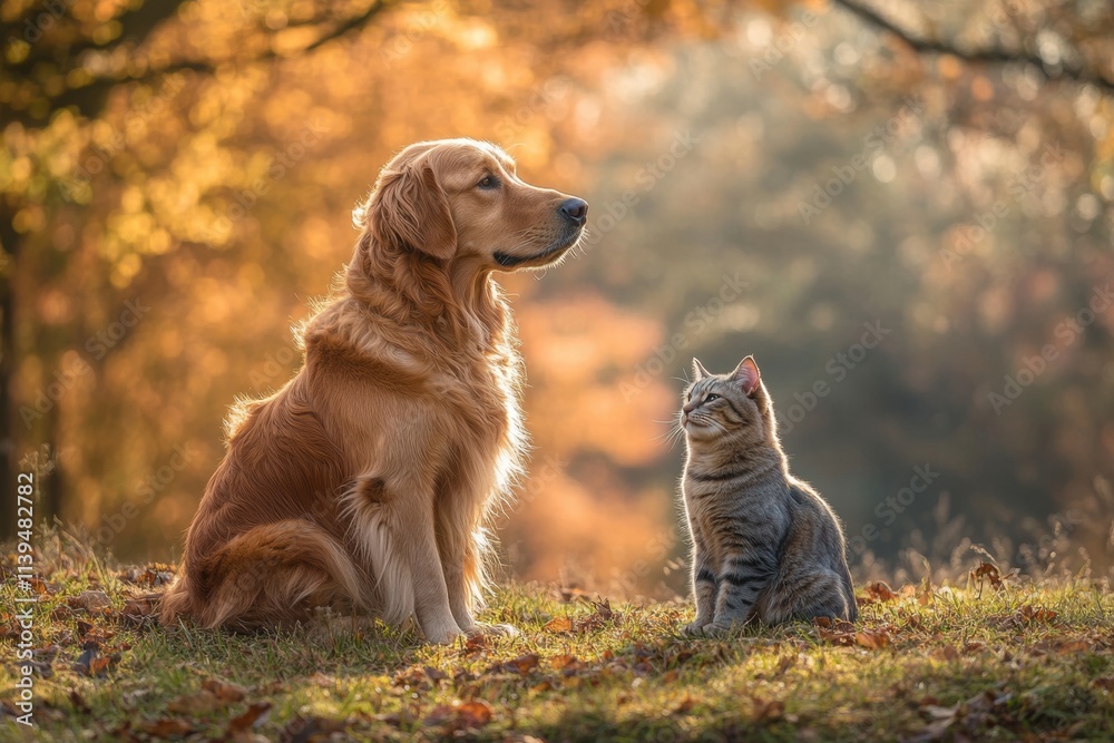 Golden Retriever and Cat Friends in Autumn Sunlight Golden Retriever and Cat Friends in Autumn Sunlight