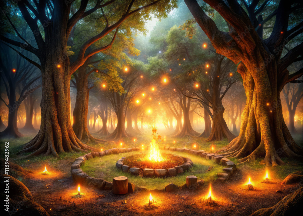 mystical forest scene with glowing campfire surrounded by trees and fireflies. enchanting atmosphere evokes sense of wonder and tranquility mystical forest scene with glowing campfire surrounded by trees and fireflies. enchanting atmosphere evokes sense of wonder and tranquility