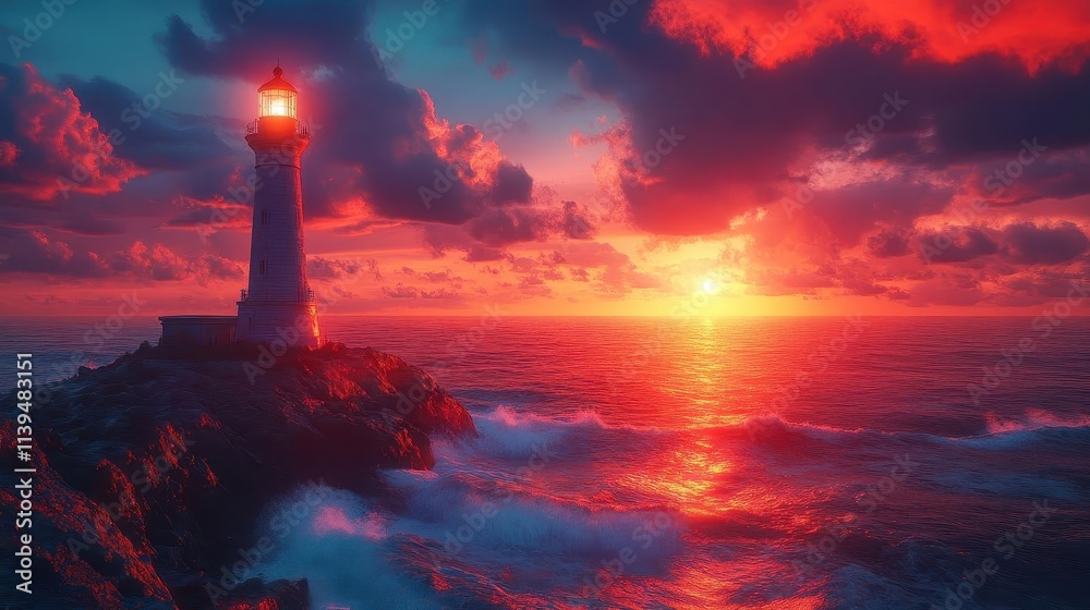 A bright lighthouse standing tall on a rocky coast, glowing waves crashing below as a drone records the scene