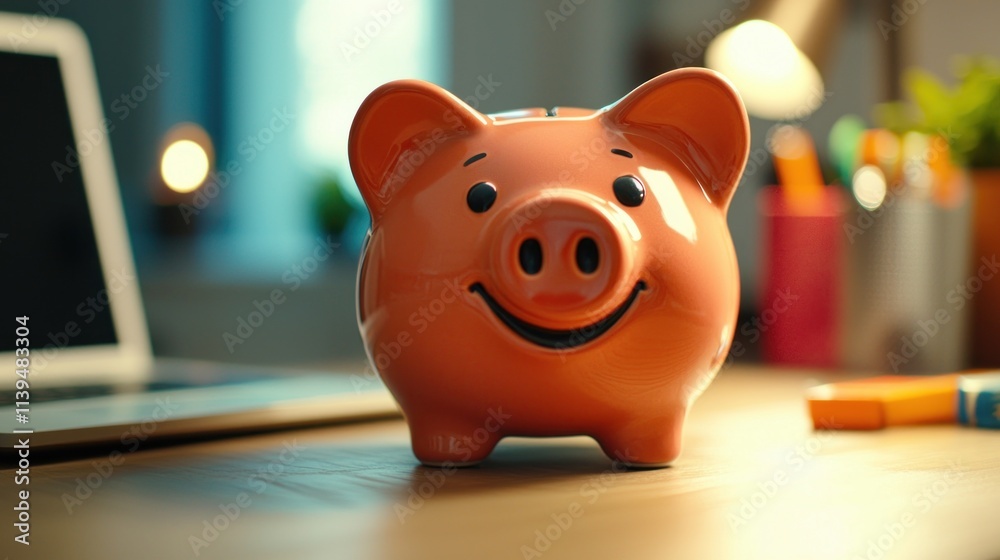 Cute pink piggy bank with a cheerful expression sitting on a wooden desk, surrounded by colorful stationery and a laptop in a cozy, illuminated workspace