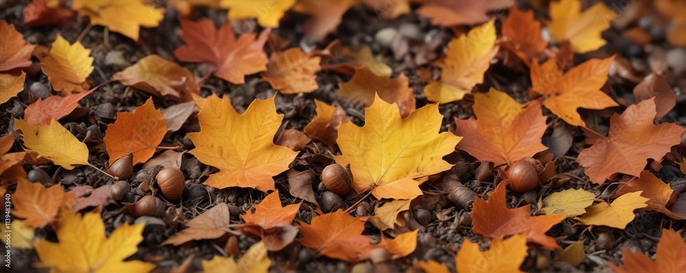 A small, brown acorn nestled among vibrant orange and yellow autumn leaves, fall foliage, leaf pile A small, brown acorn nestled among vibrant orange and yellow autumn leaves, fall foliage, leaf pile