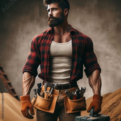 99 Muscular Man with a Beard Wearing a flannel shirt and work bo photo