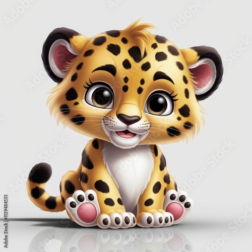 Playful cartoon leopard cub sitting happily, perfect for children’s books or graphics.