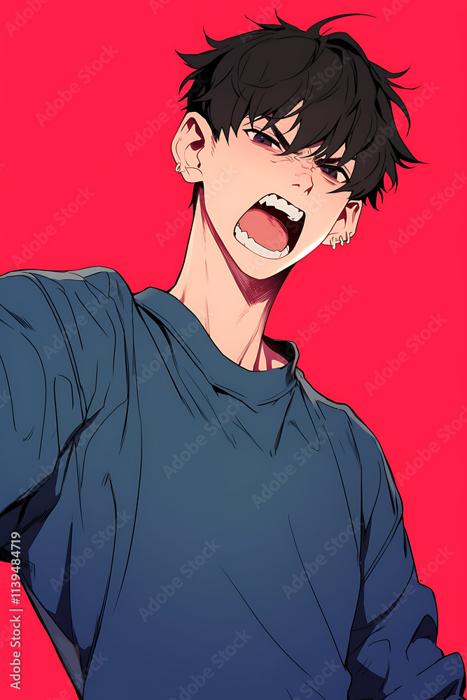 Fototapeta premium A young person with messy hair passionately expressing emotion against a bright red background.