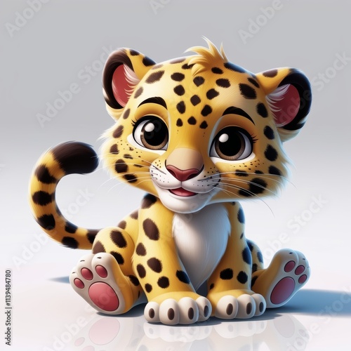 Cute baby cheetah or leopard cub sitting with wide eyes and happy smile, cartoon style.