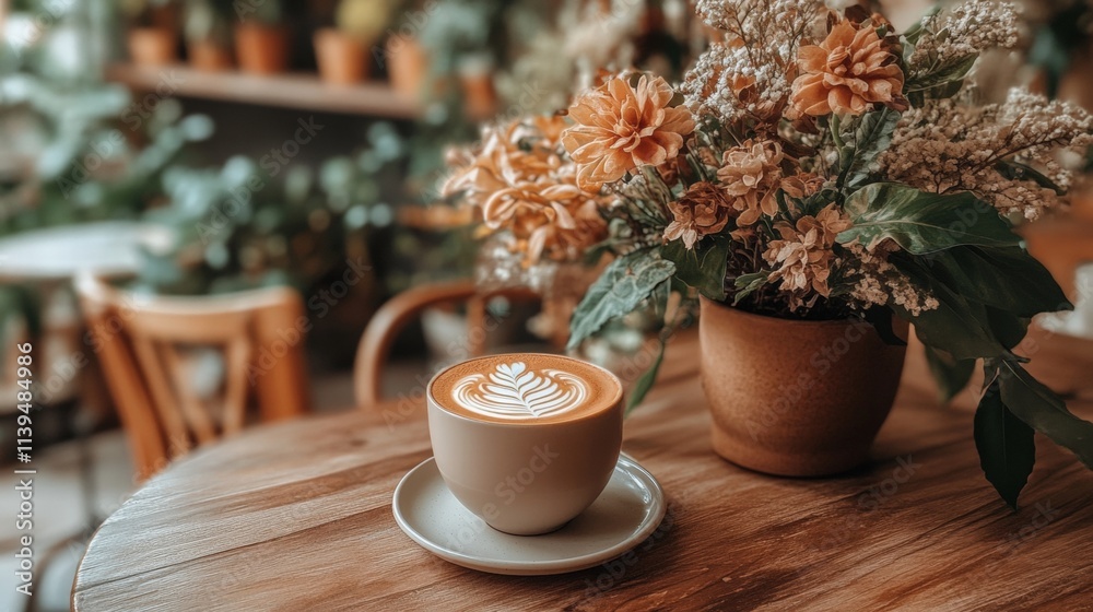 Cup of coffee with latte art next to a flower vase on a wooden table Cup of coffee with latte art next to a flower vase on a wooden table