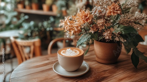 Wallpaper Mural Cup of coffee with latte art next to a flower vase on a wooden table Torontodigital.ca