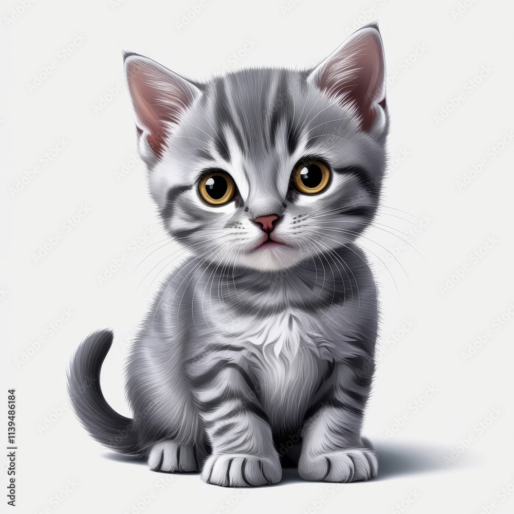 Fototapeta premium Illustrated cartoon kitten sitting with big brown eyes and grey fur, perfect for playful themes.