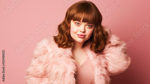 Portrait of smiling laughing woman with Down syndrome pink background.