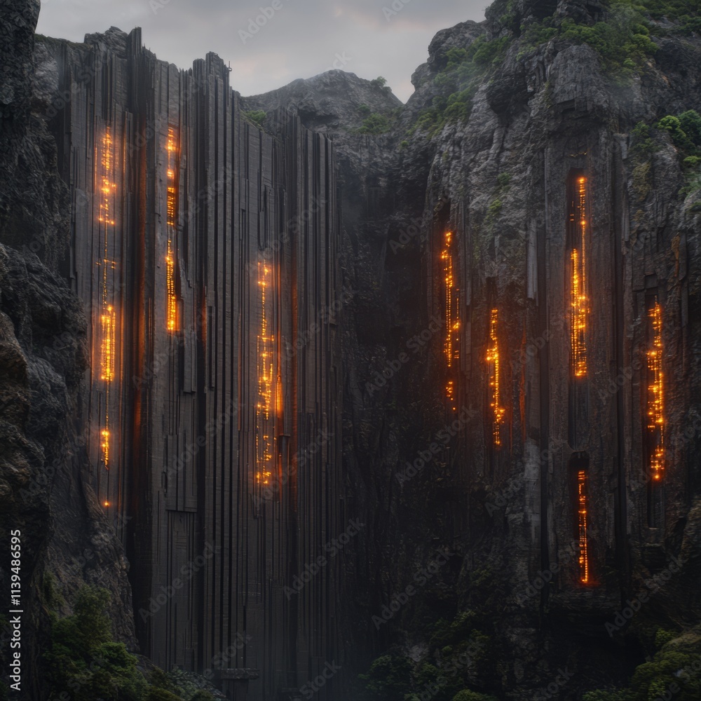 Obraz premium Glowing Obsidian Cliffs A Futuristic Mountain Structure