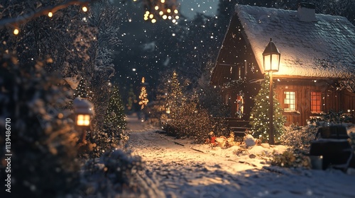 Peaceful Snow-Covered Bench Under Holiday Lights in Winter Park Perfect for Seasonal Greetings

 photo