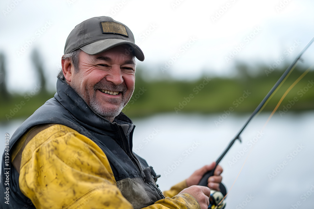 Friendly fisherman smiling, casting a fishing line into a lake, looking at camera, Close-up outdoors portrait Friendly fisherman smiling, casting a fishing line into a lake, looking at camera, Close-up outdoors portrait