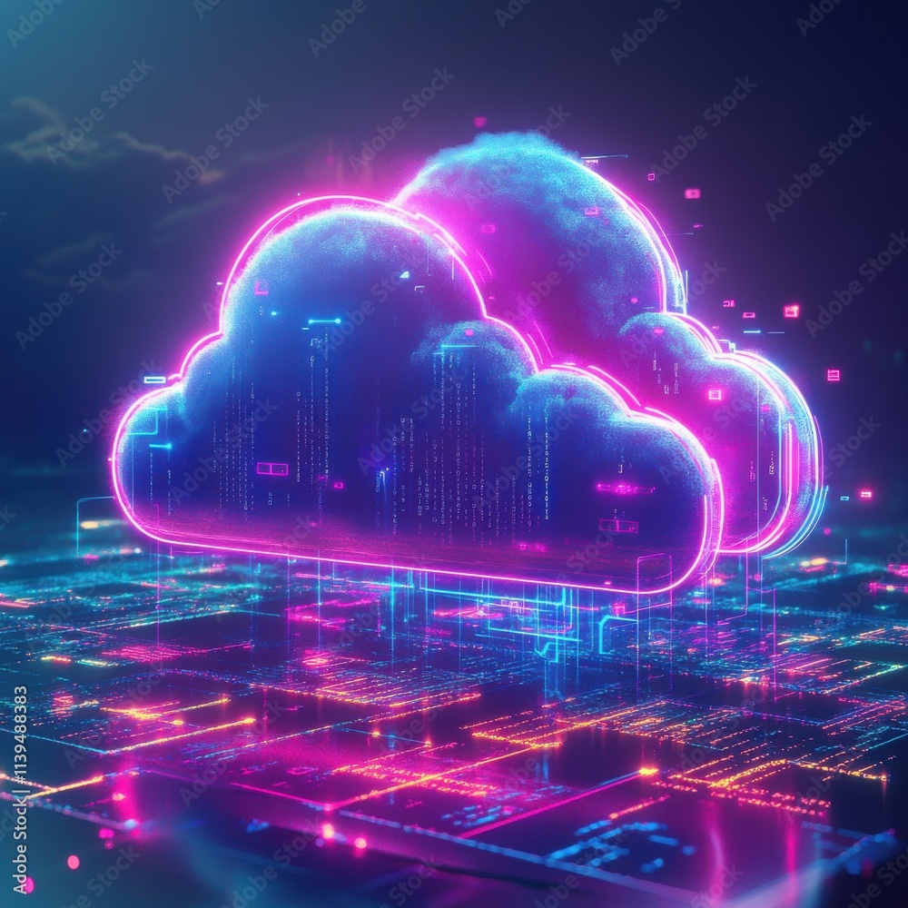 Futuristic digital clouds with neon lights hovering over a circuit board, symbolizing cloud computing technology. Futuristic digital clouds with neon lights hovering over a circuit board, symbolizing cloud computing technology.