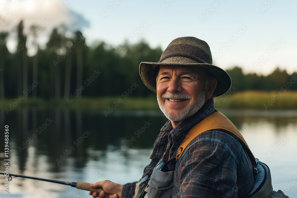Friendly fisherman smiling, casting a fishing line into a lake, looking at camera, Close-up outdoors portrait Friendly fisherman smiling, casting a fishing line into a lake, looking at camera, Close-up outdoors portrait