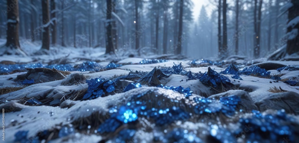 Naklejka premium Glittering blue sequin texture on a snowy forest landscape, frosty scene, wintry atmosphere, winter woods
