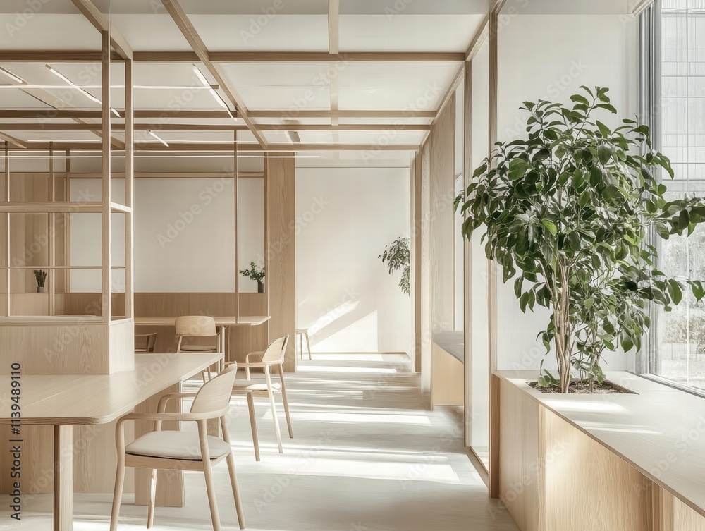 Fototapeta premium Modern Minimalist Office Interior with Natural Light and Greenery