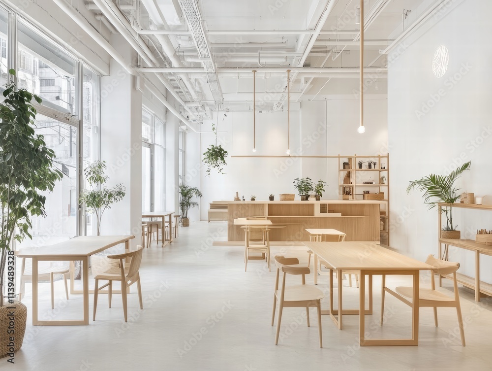 Fototapeta premium Bright Minimalist Workspace with Wood Furniture and Green Plants