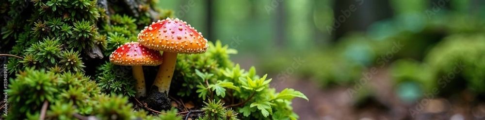 Forest floor with Clitopilus prunulus and other fungi growing among tree trunks, lichen, ferns, moss Forest floor with Clitopilus prunulus and other fungi growing among tree trunks, lichen, ferns, moss