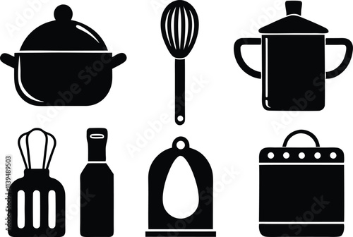 set of kitchen elements icon black silhouette