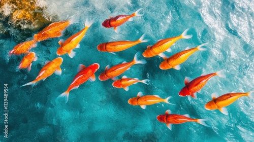 Vibrant orange fish swimming in turquoise water. Top down view of many koi fish.