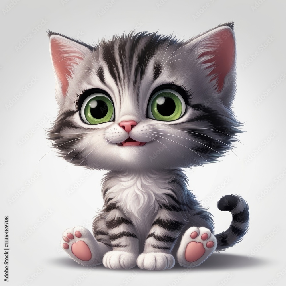 Obraz premium Cute cartoon cat with big green eyes, sitting and smiling, isolated on a white background.