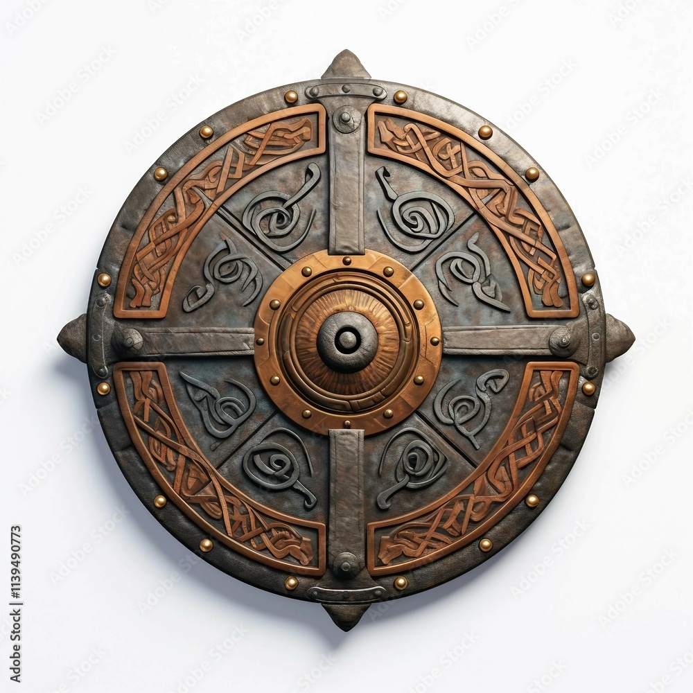 Viking shield , Isolated white background, flat lay Viking shield , Isolated white background, flat lay