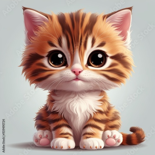 Illustration of a fluffy kitten with cute, curious expression and big round eyes in a cartoon style