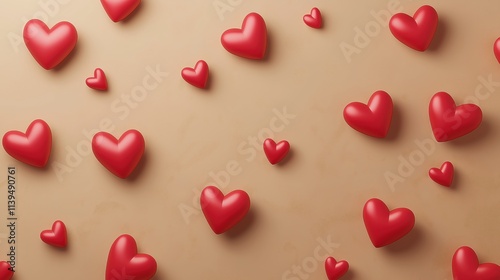 3D Red Hearts on Beige Background