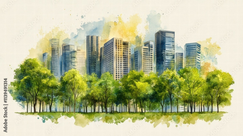 Obraz premium Urban Oasis Cityscape with Lush Green Trees