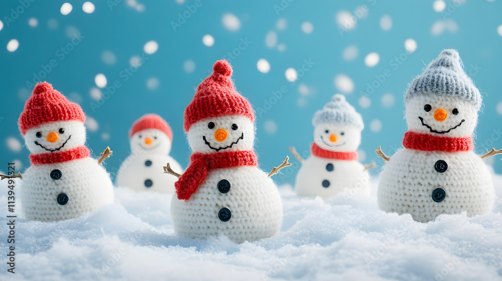Little knitted snowmen nestled in soft snow on a blue background. Little knitted snowmen nestled in soft snow on a blue background.