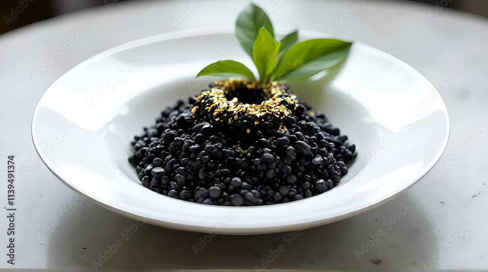 A simple, yet striking black risotto, gold leaf decorates, fresh thyme A simple, yet striking black risotto, gold leaf decorates, fresh thyme