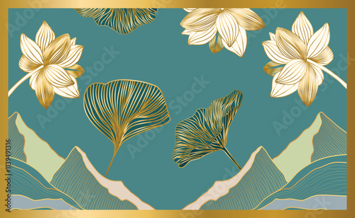 Spring floral in vector background. Luxury wallpaper design with lotus flowers, line art, golden texture. Elegant gold blossom flowers illustration suitable for fabric, prints, cover, Mountain 