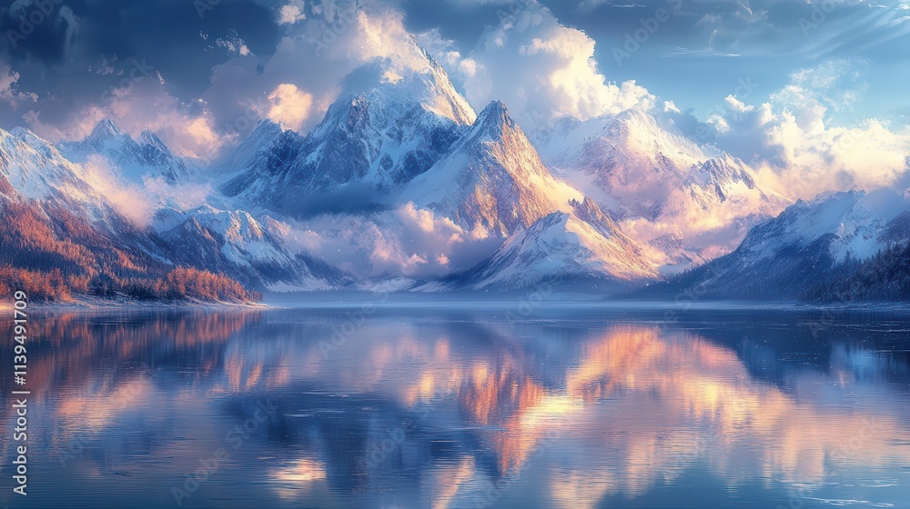 A glowing fjord reflecting snowcovered peaks, sunlight creating a mirrorlike effect on the calm waters A glowing fjord reflecting snowcovered peaks, sunlight creating a mirrorlike effect on the calm waters