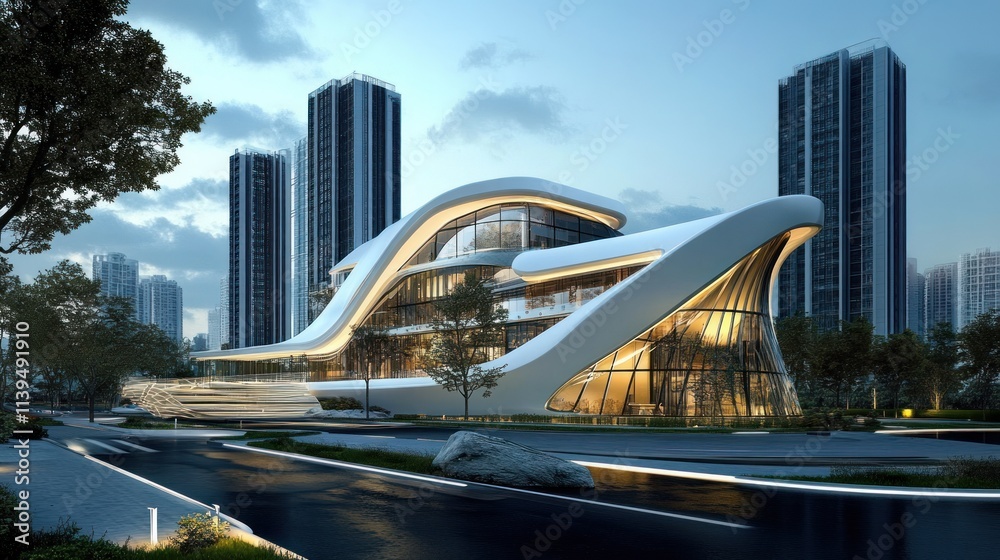 Obraz premium A modern architectural building with a sleek design, surrounded by urban landscape.