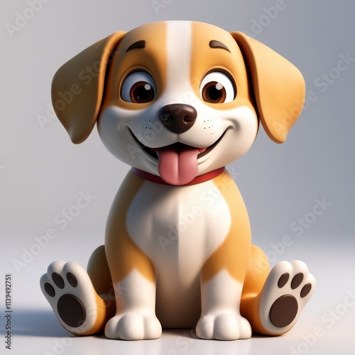Digital cartoon dog with large expressive eyes, a cute two color coat, and sweet sitting posture.