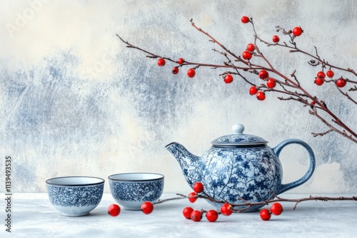 Tea set with blue and white porcelain design, accompanied by red berries on a white table
