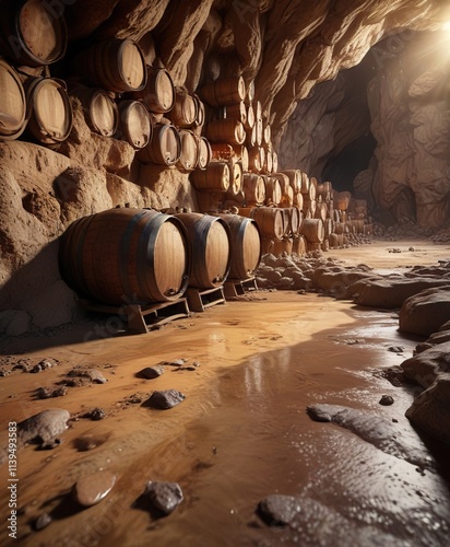 Wine barrels with sediment on the floor of a cave, barrel aging, musty smell photo