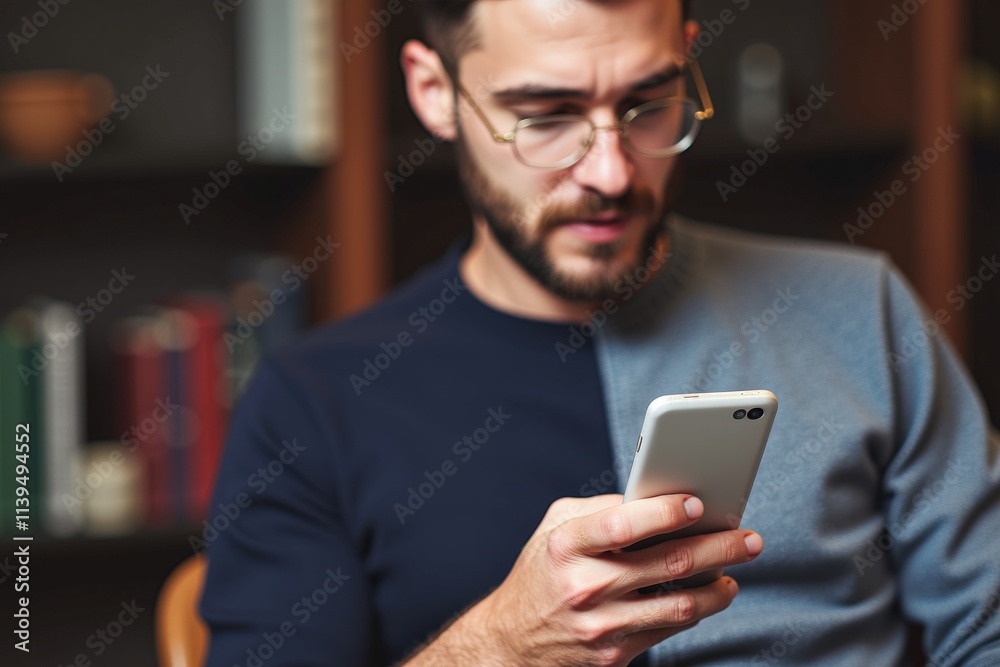 Focused Man Using Smartphone in Cozy Living Room, Ideal for Technology, Lifestyle, and Modern Living Blog Posts or Advertisements