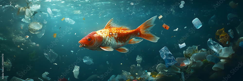 Fototapeta premium Goldfish swimming through polluted waters surrounded by plastic waste, symbolizing ocean contamination, environmental crisis, marine pollution, and the threat to aquatic ecosystems