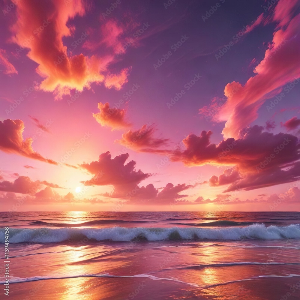 Fototapeta premium Vibrant hues of orange and pink dance across the sky above a serene ocean, serene landscape , sunset glow, golden light