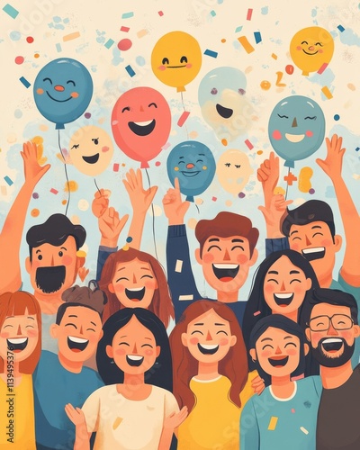 Wallpaper Mural A joyful group of diverse friends celebrating with colorful balloons and confetti, radiating happiness and excitement. Torontodigital.ca