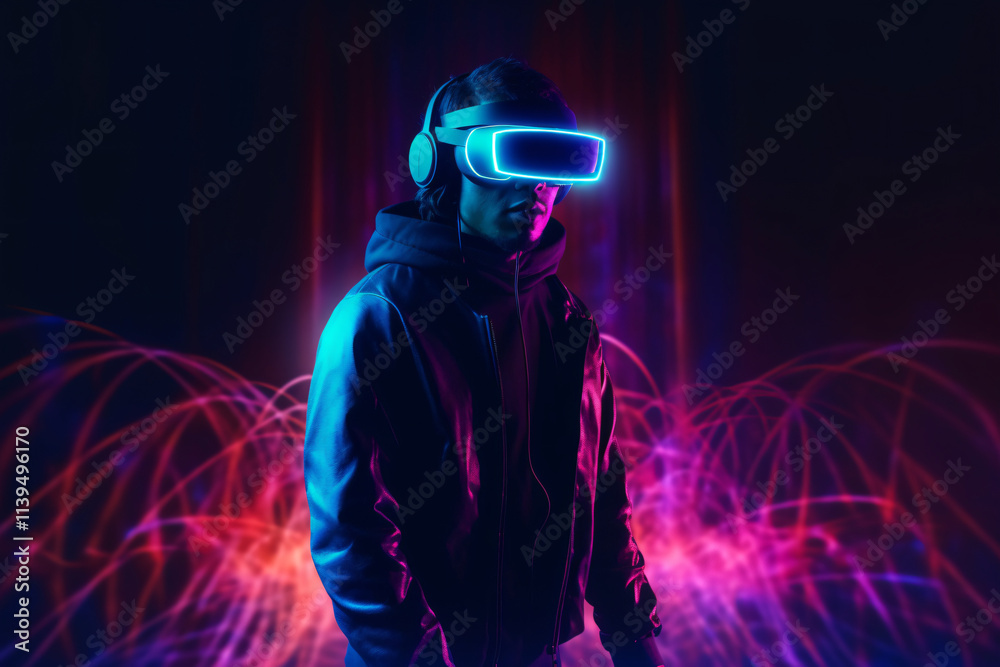 A person with a VR headset stands against a colorful, abstract background. A person with a VR headset stands against a colorful, abstract background.