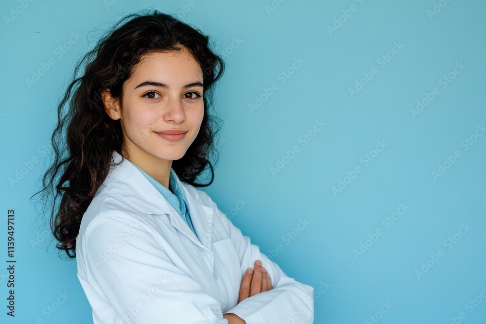 Confident young woman in a white coat standing with arms crossed against a blue background
Confident young woman in a white coat standing with arms crossed against a blue background