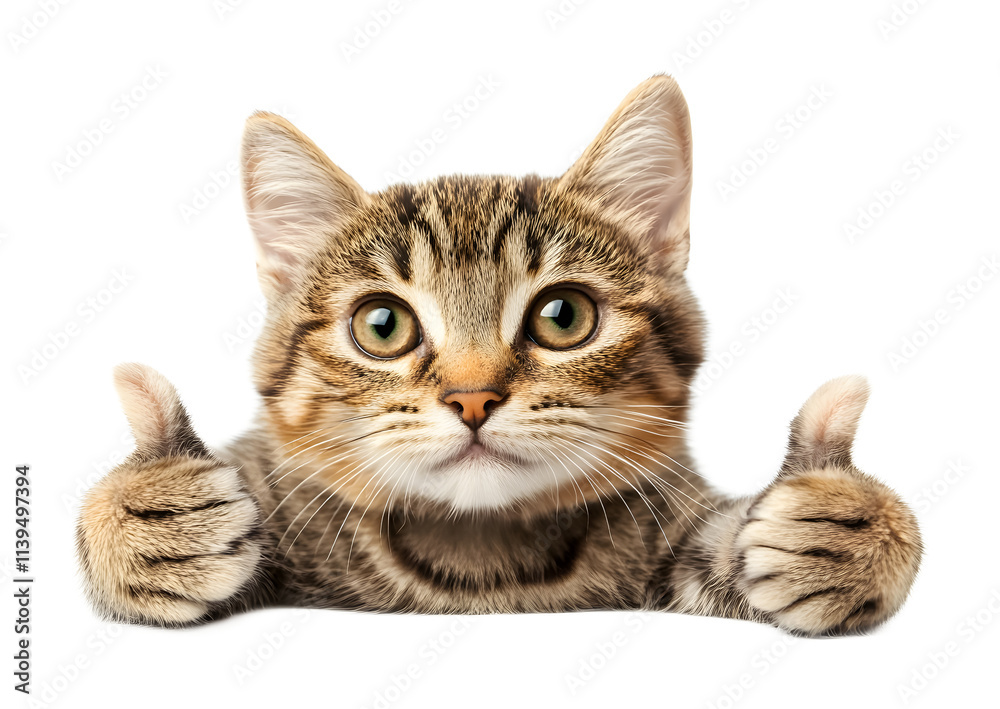 cat with thumbs up pose isolated on white background